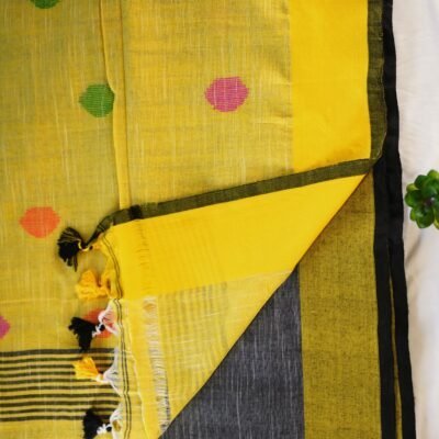 Mustard Yellow Cotton Saree with Multicolour Buttas