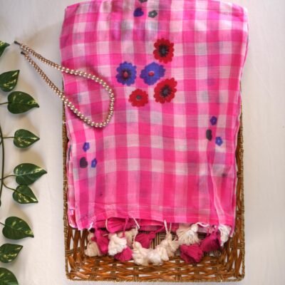 Mulmul Hand painted checks Saree