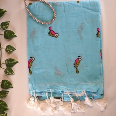 Mulmul bird embroidery Saree